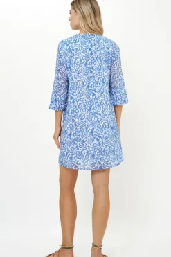 Online 3/4 Sleeve Pintuck Short- Cypress Blue Short & Mini Dresses|Maxis