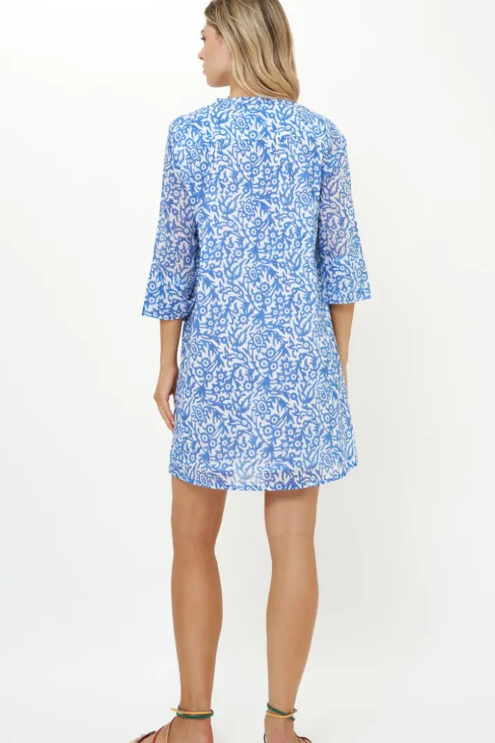 Online 3/4 Sleeve Pintuck Short- Cypress Blue Short & Mini Dresses|Maxis