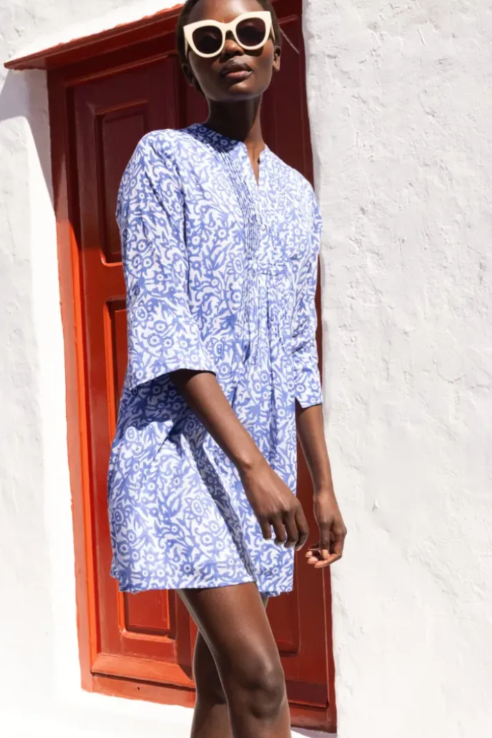 Online 3/4 Sleeve Pintuck Short- Cypress Blue Short & Mini Dresses|Maxis