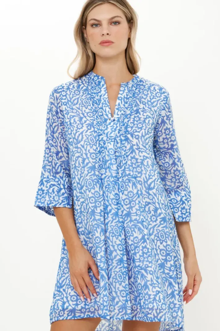 Online 3/4 Sleeve Pintuck Short- Cypress Blue Short & Mini Dresses|Maxis