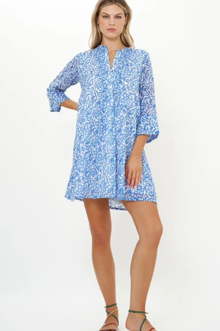 Online 3/4 Sleeve Pintuck Short- Cypress Blue Short & Mini Dresses|Maxis
