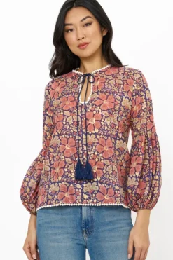 New Balloon Sleeve Tie Top- Matera Navy Tops
