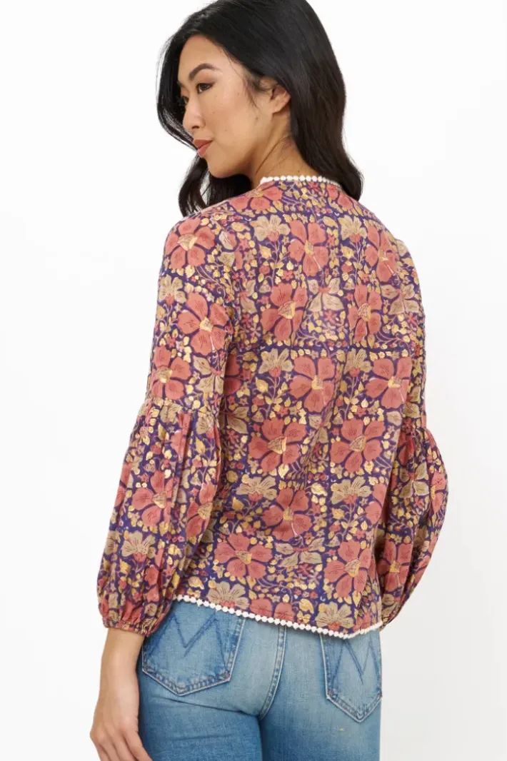 New Balloon Sleeve Tie Top- Matera Navy Tops