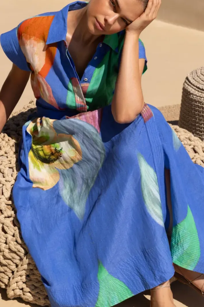 Online Belted Shirt Dress- Hibiscus Blue Maxis|Dresses