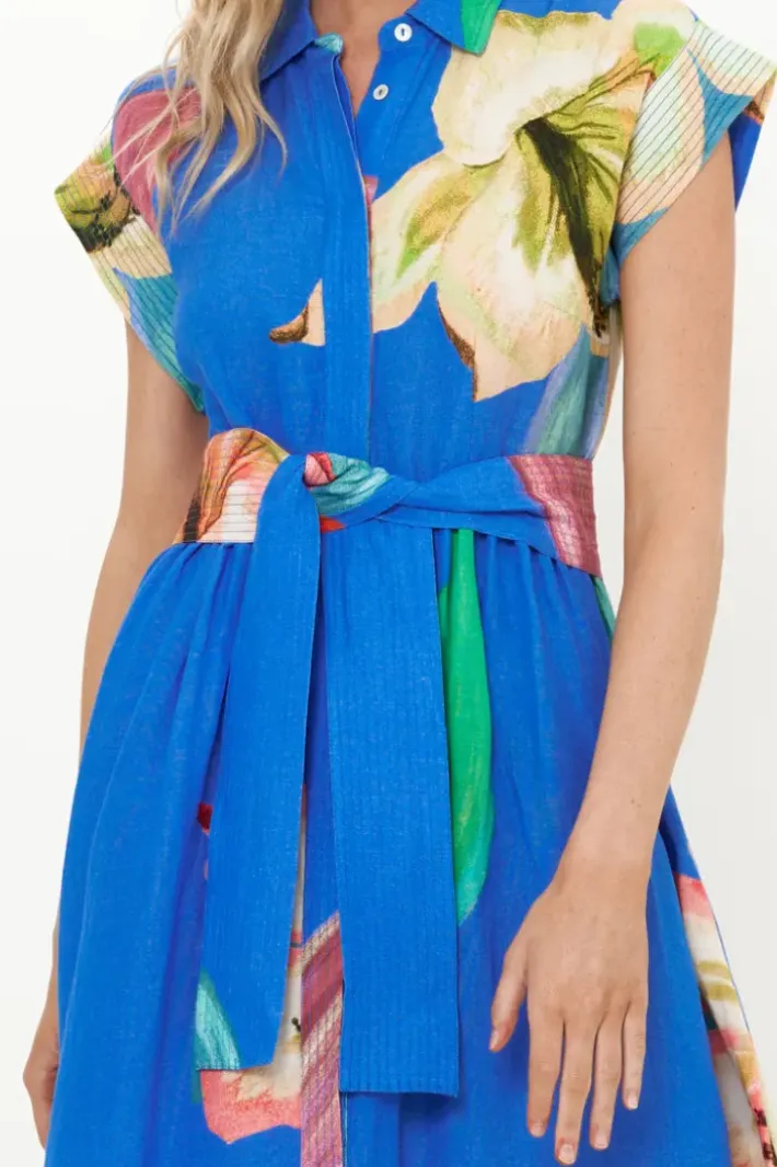 Online Belted Shirt Dress- Hibiscus Blue Maxis|Dresses