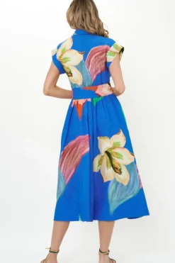 Online Belted Shirt Dress- Hibiscus Blue Maxis|Dresses