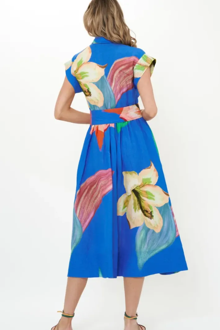 Online Belted Shirt Dress- Hibiscus Blue Maxis|Dresses