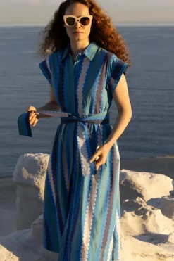 Outlet Belted Shirt Dress- Meko Blue Maxis|Dresses