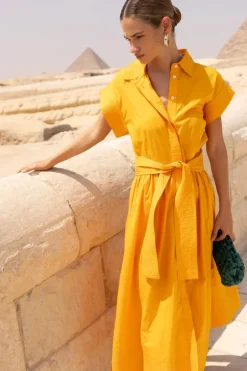 Outlet Belted Shirt Dress- Tuki Marigold Midis|Maxis
