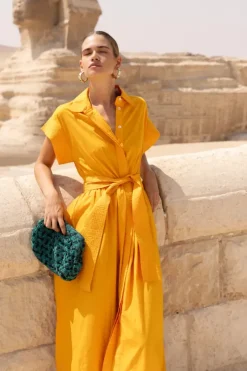 Outlet Belted Shirt Dress- Tuki Marigold Midis|Maxis