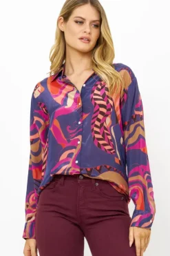 Discount Button Down Blouse- Arabia Navy Tops