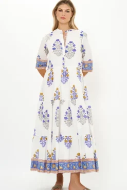 Button Neck 3/4 Sleeve Maxi- Napa Blue Maxis|Dresses