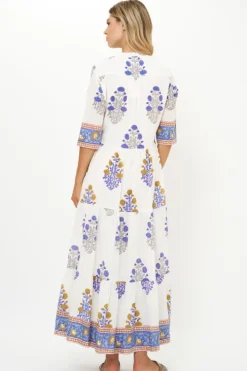 Button Neck 3/4 Sleeve Maxi- Napa Blue Maxis|Dresses