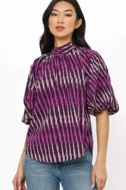 Hot Button Neck Blouse- Ikat Purple Tops