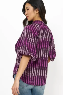 Hot Button Neck Blouse- Ikat Purple Tops