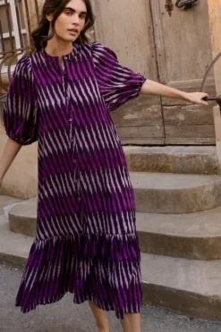 Clearance Button Puff Midi- Ikat Purple Midis