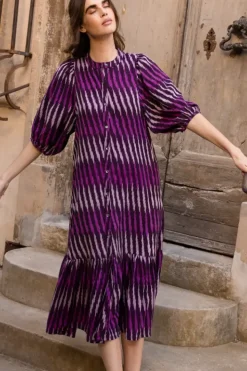 Clearance Button Puff Midi- Ikat Purple Midis