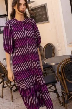 Clearance Button Puff Midi- Ikat Purple Midis