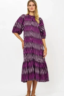Clearance Button Puff Midi- Ikat Purple Midis