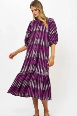 Clearance Button Puff Midi- Ikat Purple Midis