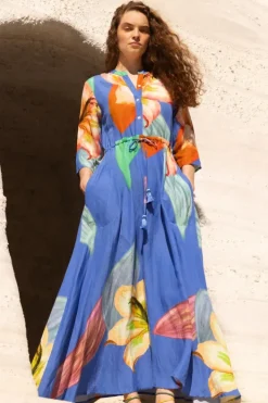 New Cinched Shirt Dress Maxi- Hibiscus Blue Maxis|Dresses