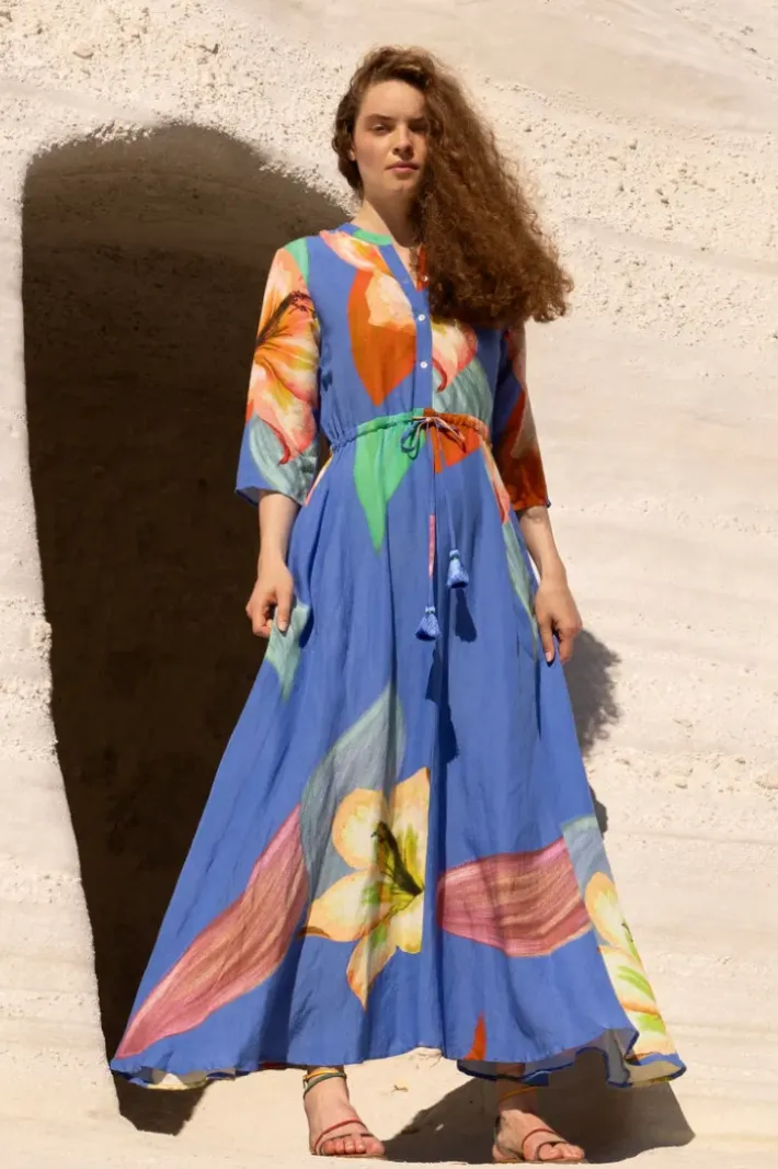 New Cinched Shirt Dress Maxi- Hibiscus Blue Maxis|Dresses