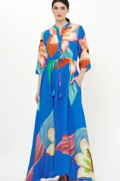 New Cinched Shirt Dress Maxi- Hibiscus Blue Maxis|Dresses