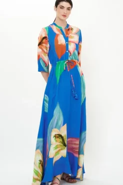 New Cinched Shirt Dress Maxi- Hibiscus Blue Maxis|Dresses