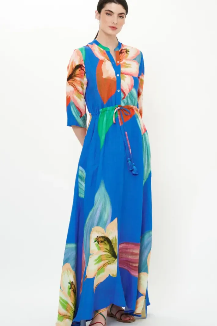 New Cinched Shirt Dress Maxi- Hibiscus Blue Maxis|Dresses