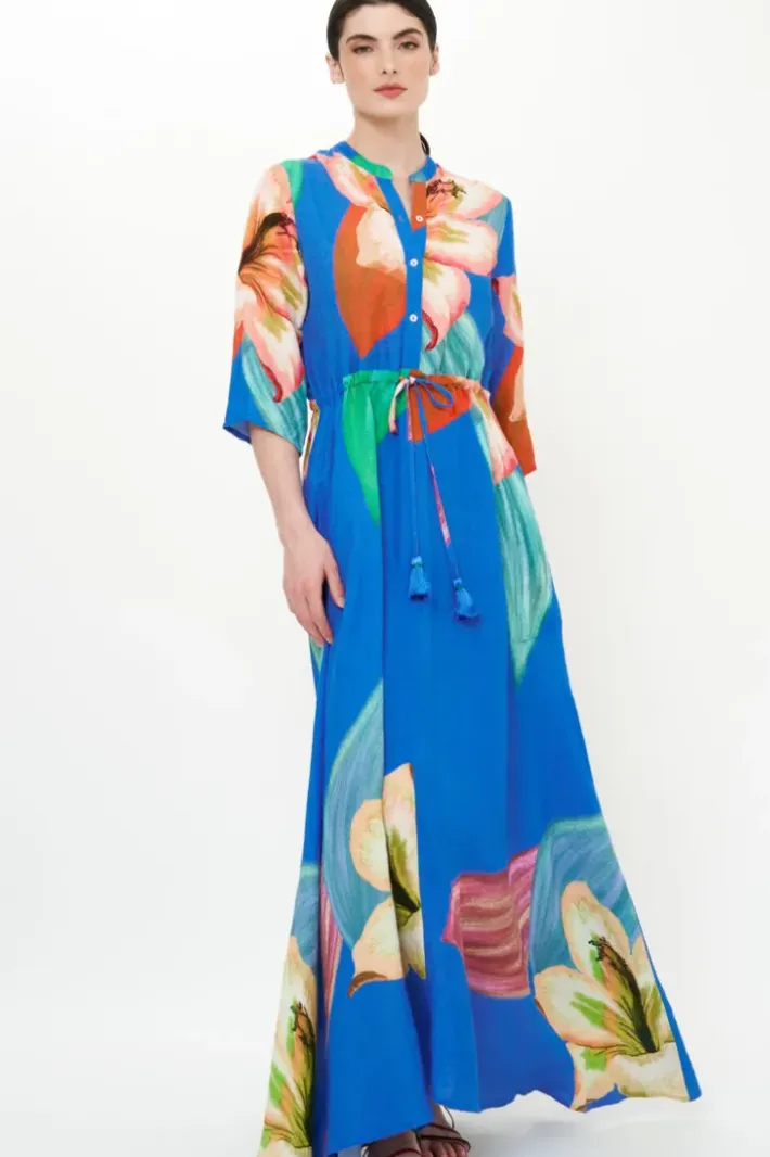New Cinched Shirt Dress Maxi- Hibiscus Blue Maxis|Dresses