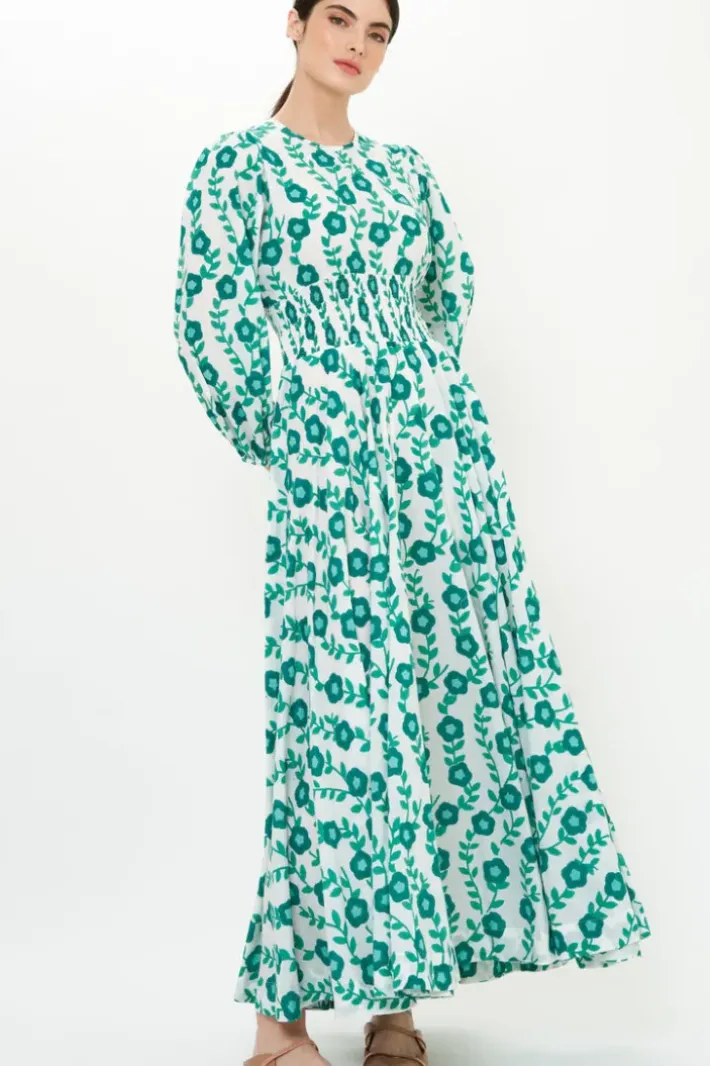 Online Crew Neck Smocked Waist Maxi- Toscana Green Maxis|Dresses