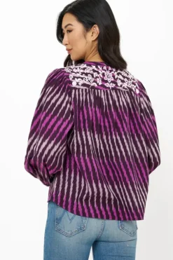 Online Embroidered Long Sleeve Top- Ikat Purple Tops