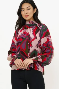 Hot High Neck Blouse- Arabia Crimson Tops