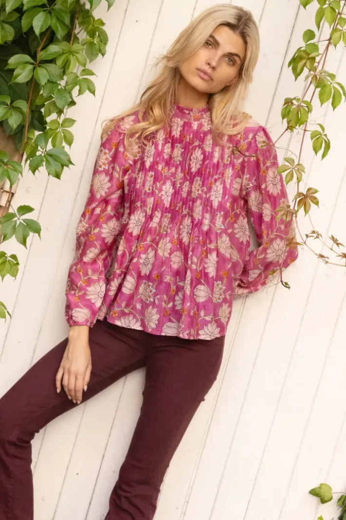 Discount Long Sleeve Pintuck Blouse- Presidio Magenta Tops