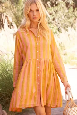 Hot Long Sleeve Shirt Dress Mini- Cabana Coral Short & Mini Dresses|Dresses