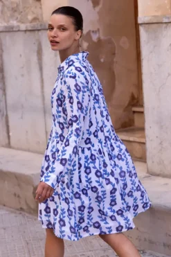 Online Long Sleeve Shirt Dress Mini- Toscana Blue Short & Mini Dresses|Dresses