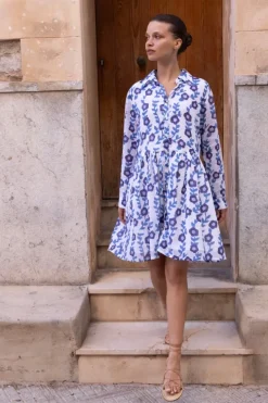 Online Long Sleeve Shirt Dress Mini- Toscana Blue Short & Mini Dresses|Dresses