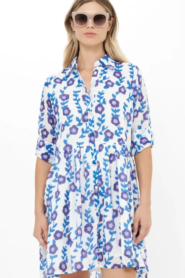 Online Long Sleeve Shirt Dress Mini- Toscana Blue Short & Mini Dresses|Dresses