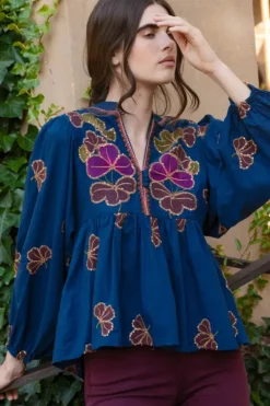 Outlet Mandarin Balloon Top- Almay Blue Tops