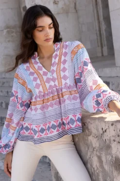 Clearance Mandarin Balloon Top- Casablanca Multi Tops