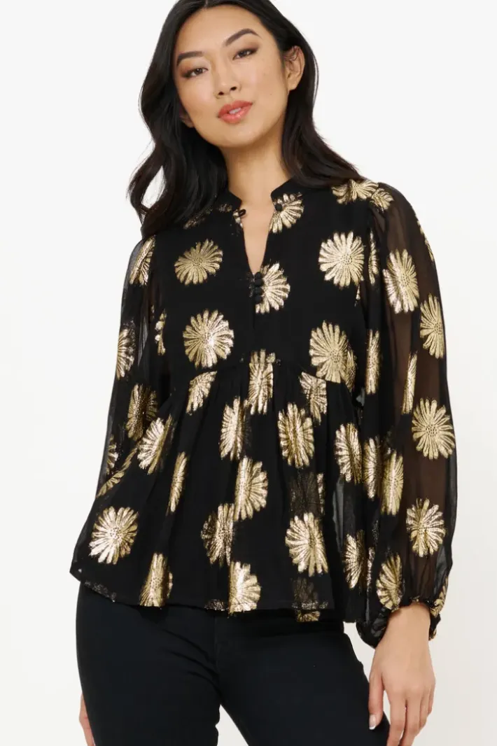 Hot Mandarin Balloon Top- Peony Black Tops