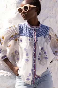 Clearance Mandarin Pintuck Blouse- Napa Blue Tops