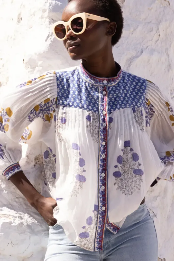 Clearance Mandarin Pintuck Blouse- Napa Blue Tops