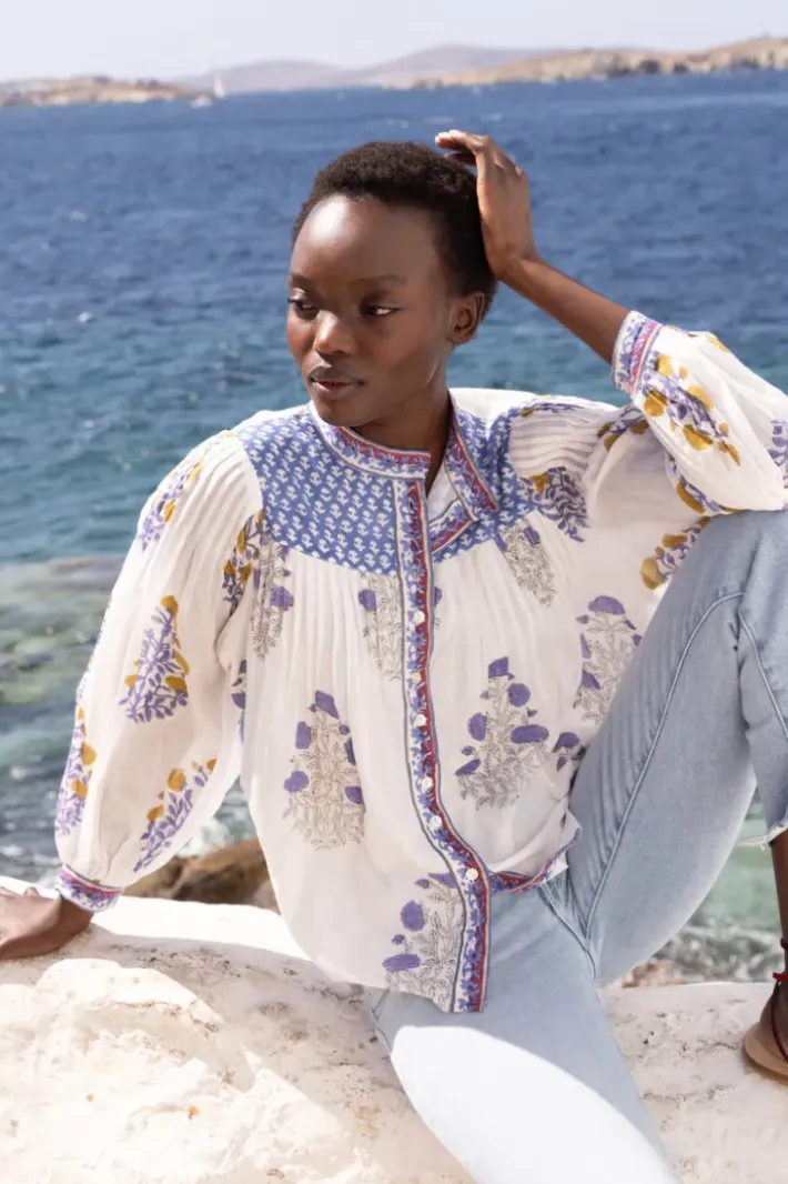 Clearance Mandarin Pintuck Blouse- Napa Blue Tops