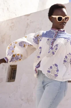 Clearance Mandarin Pintuck Blouse- Napa Blue Tops