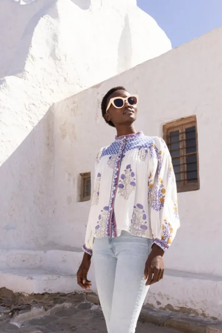 Clearance Mandarin Pintuck Blouse- Napa Blue Tops