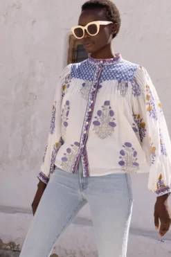 Clearance Mandarin Pintuck Blouse- Napa Blue Tops