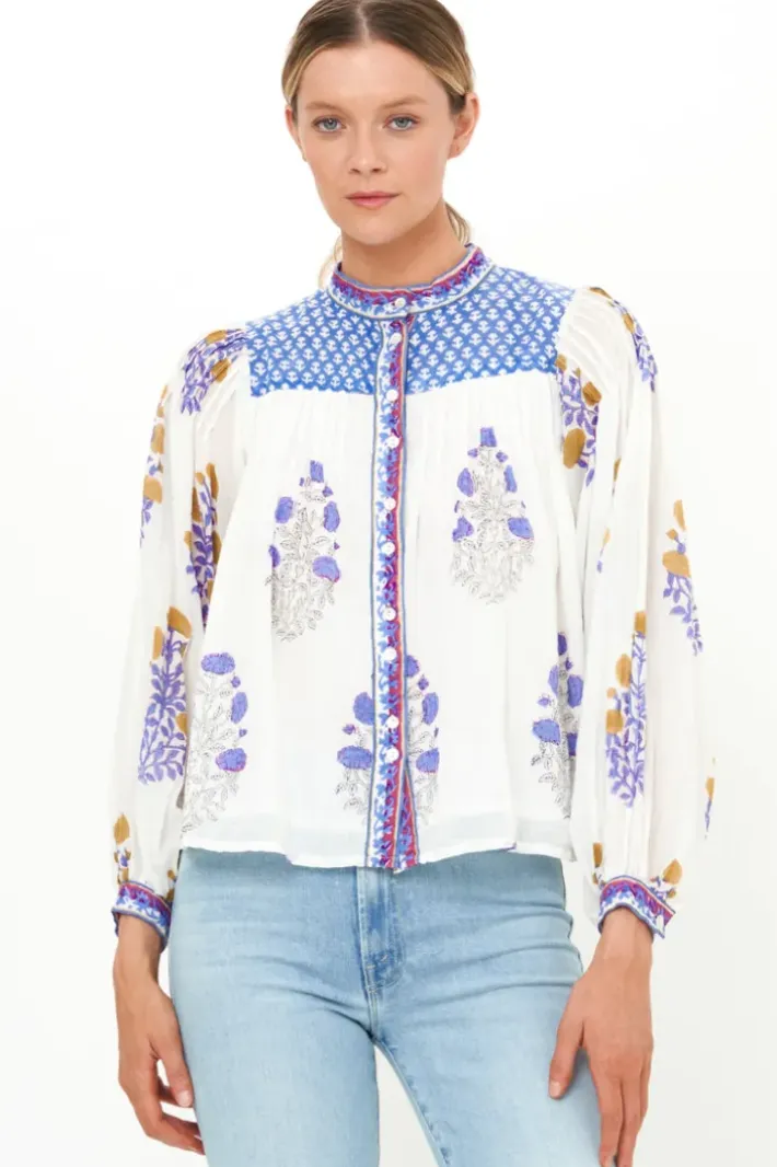 Clearance Mandarin Pintuck Blouse- Napa Blue Tops
