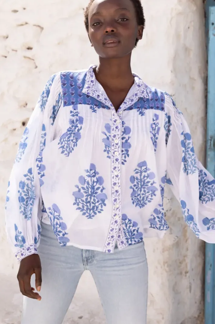 Hot Mandarin Pintuck Blouse- Salvia Blue Tops