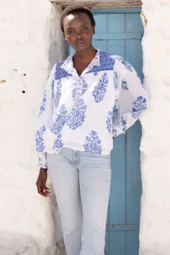 Hot Mandarin Pintuck Blouse- Salvia Blue Tops